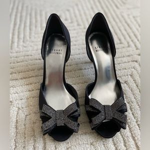 Brand New Stuart Weitzman Black Satin open toe occasion heels in size 5.5